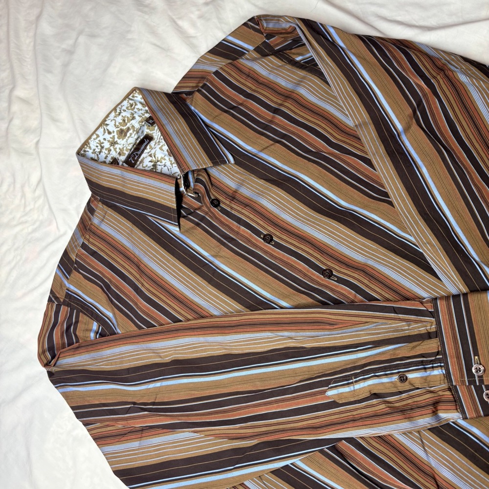 7 Diamonds Mens XL Brown Blue Striped Button Down Shirt Floral Contrast Trim